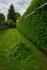 Taille de haies avec coupe propre et tas de feuillage à Franconville